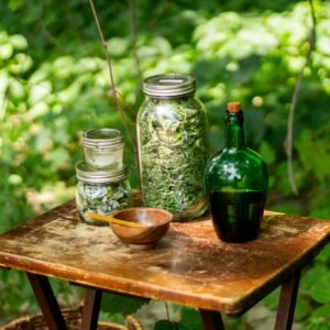 Jars filled with dried herbs and a bottle on a wooden table amidst greenery, depicting natural remedies.